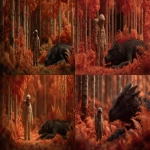 **stop-motion claymation, tilt-shift photography, a dense forest with tall birch and maple trees, leaves in shades of burnt orange deep crimson and gold, in a clearing stands a lone cosmonautumnal astronaut, alongside a black dragon lying with tucked wings, cinematic strong visual flow --ar 16:9 --s 400 --v 7.0 --draft** - <@1086927454209314856> (relaxed)
-# Create, explore, and organize on [midjourney.com](<https://midjourney.com/imagine?from_discord=1>)