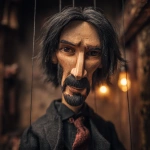 **a lifelike marionette intricately designed in the whimsical yet dark style of Tim Burton. The puppet bears striking resemblances to Keanu Reeves, particularly the brooding intensity of his character John Wick. This unique creation embodies a fusion of classic fairy tale charm and gritty underworld aesthetics, evoking a scenario where Pinocchio navigates the sinister realms of the Russian mob. The marionette's wooden features are delicately carved, with exaggerated expressions that convey both innocence and menace, set against a backdrop of shadowy alleyways and flickering streetlights.** - Image #2 <@665946523279818772>