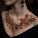 **chest tattoo on a women, tattoo of a phoenix bird made of leaves and feathers, leaves and feathers are fall colors** - Image #4 <@966519024106217482>