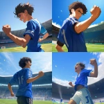 **Young Japanese male soccer player standing boldly on a green soccer field, wearing a plain solid blue soccer jersey with a single white back number, no logos or brands, clenching his fist with determination, modern stadium filled with cheering fans, bright natural daylight between morning and noon shining on the field, dynamic wind gently moving his hair and jersey, intense and brave expression on his face, cinematic atmosphere, realistic style, wide shot, no goalposts, no teammates, focus on the player’s strong stance and confident gaze --niji 6** - <@1212945075831836692> (relaxed)