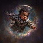 **make a detailed full body renaissance painting of a middle eastern baby baby(with no wings) flying in mid-distance in outerspace, with a ring nebula behind him. it's important to see the texture in the painting. the baby has brown skin, green eyes and has a keffiyeh around his neck. we can see the full body of the baby. shot with 24mm wide-angle lens** - Image #4 <@1004567301909118977>