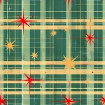 **seamless repeating geometric pattern, atomic-era plaid made of intersecting gold and teal lines with red starburst ornaments at the crossings, mid-century modern Christmas aesthetic, repeating textile or wrapping paper design --tile --ar 1:1 --v 6.0 --chaos 5 --raw** - Image #1 <@973241297529868358>