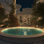 **A polished stone tub in a palace garden. Behind you stands a grand medieval capital, rose vines climbing white stone towers. Night --v 7.0 --ar 9:16** - Image #1 <@493856209669980164>