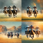**side profile view of polo players on horseback in motion running by, mid-game on a wide open grassy field, horses and riders in full stride, wearing classic Ralph Lauren inspired attire white jodhpurs, navy or burgundy polo shirts, polo mallet in each of their right hands leather boots countryside backdrop, oil painting style, impressionist brush strokes, warm golden tones, soft natural light, with a vintage photo filter effect, aged film look, timeless luxury atmosphere closer up view --ar 2:3 --s 250** - <@1114281369015689226> (fast)