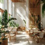 **A minimalist tropical restaurant design, seamless indoor-outdoor flow, white concrete walls, warm wood slats, lush indoor plants, rattan furniture, soft natural sunlight, serene atmosphere, architectural visualization --ar 3:2 --v 6.0** - Image #2 <@1296729788215595112>