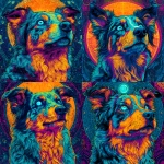 **a neon turqiose, orange , pink ,Austrailian miniature shepherd x pomerainian , one blue eye, short nose, sitting , psychedelic, blue background , acid visuals , artwork in the style of Dan mumford , bright glowing image --v 7.0** - Variations (Strong) by <@1006545549706666017> (fast)