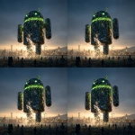 **<https://s.mj.run/rWcFtaYzAZ8> The Android Robot made of mobile phones is collapsing, there are gaps in the robot and it is crumbling away, people looking up at it, green malware bugs trying to get inside it, cityscape, photorealistic, magic hour, dramatic lighting --v 7.0** - Variations (Region) by <@1048326817838280714> (fast, stealth)