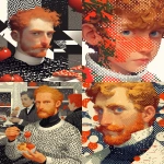 **ginger vincent van gogh in super high turtle neck ugly sweater with pizza motif design pattern of pineapples, cheery tomatoes, olives, pepperoni, by Pierre et Gilles, minimal figures, sparklecore, starry skies, asterism --ar 4:5 --sref 984226312 --profile 6rwviqh --stylize 555 --niji 6** - <@1121310536559243315> (fast)