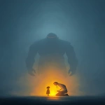 **A vertical, cinematic scene set in thick, misty fog. In the background, a colossal, ghostly figure stands facing directly forward the massive shoulders and torso of a humanoid giant with a head made entirely from the U.S. Capitol dome. The dome is seamlessly integrated, intimidating, expressionless, and symbolic of systemic power and political threat. The giant looms in silence, ethereal and cold, with minimal detail except strong architectural and structural weight in its form. In the foreground, a glowing doctor figure kneels with deep compassion. The figure is made entirely of radiant light warm gold and white and is gently listening to the heartbeat of a small glowing child using a clearly visible stethoscope. The doctor’s posture is intimate and protective. The child stands calmly, trusting. Both figures glow from within and are the only light source in the scene, casting light into the fog that gently reveals the presence of the looming Capitol-giant. The composition emphasizes the massive scale contrast between the giant and the glowing human figures. Visual style is painterly or digital illustration poster-ready, dramatic, and reverent. Chiaroscuro lighting, soft fog diffusion, and strong emotional impact. Use warm glow for the figures and cool grays and blues for the giant and background. Emotion: quiet defiance, compassion under pressure, light in systemic darkness. --ar 2:3 --v 7.0** - Upscaled by <@801873084395028480> (fast)
-# Create, explore, and organize on [midjourney.com](<https://midjourney.com/imagine?from_discord=1>)