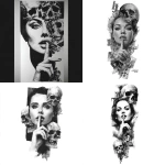 **Sketch for a surrealist tattoo in black and white with high contrast on a white background, aspect ratio 1:2. It should be a composition with skulls at the top and bottom, in the middle the face of a woman, making the silence sign with one hand and a finger to her lips. The woman should be beautiful, expressive, with deep eyes. The style of the tattoo should be surreal, with a composition that inspires darkness and beauty. It can have casino and gambling details.** - <@757574836565311488> (fast)