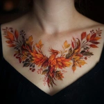 **chest tattoo on a women, tattoo of a phoenix bird made of leaves and feathers, leaves and feathers are fall colors** - Image #2 <@966519024106217482>