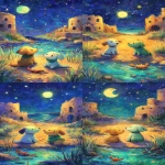 **The Moon tarot card in the style of Miroslav Sasek and Tataro Kimuchi. The image depicts two dogs sitting beside the road and an ocean crustacean is in the center of the road in the style of the Rider-Waite deck. The moon is shining down on them from above. In the background, there are some ruins and grass. There is also a lobster sitting near the water in front of the dogs. The illustration is painted in a vibrant amber and mocha color palette, evoking a dreamy and magical atmosphere. Soft round shapes, children’s book illustration style, clean and bright background. --ar 7:12 --sref 1567159629 --profile ouhb4r1** - Variations (Strong) by <@409716268476923920> (fast)