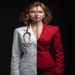**Photorealistic portrait of a young woman standing front-facing, split symmetrically in half vertically. Left side: medical doctor wearing a white lab coat and stethoscope, calm and professional expression. Right side: high-end businesswoman outfit, an ultra-elegant red tailored suit with sharp lines, premium fabric, confident corporate posture, subtle luxury accessories. Perfect seamless split between the two halves, dramatic studio lighting, dark background, ultra-detailed textures, high-definition 4K realism, strong visual contrast between the two identities --ar 3:4 --raw --v 7.0** - Image #3 <@525310115033645076>