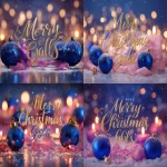 **"Merry Christmas ‘68 Gals" message in elegant gold and royal blue calligraphy, surrounded by glowing blue ornaments, violet ribbons, and pink fairy lights, soft snow falling, warm pink candlelight reflection on frosty glass background. Created Using: Canon EOS R5, festive typography, cinematic holiday lighting, bokeh background, reflective surfaces, lens flare, color harmony design, 4K render quality, hd quality, natural look --ar 4:3 --v 7.0** - <@1327691479602298971> (fast, stealth)