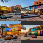 **an iphone pro camera photo of an ancient arabian house in al ula, saudi arabia at sunrise, with colorful glass windows and modern architectural design inside, modern furniture and outdoor seating, palm trees, and the alula museum of arts visible behind the villa wall, viewed from the outside. --ar 59:128 --v 6.0** - <@960285567457841182> (fast)