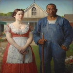 **<https://s.mj.run/AWAnPn8tRcg> a hyper-realistic photographic image depicting a beautiful full figured woman in provoative dress and apron and an athletic man in blue overalls holding a pitchfork, with an american farmhouse in the background. --ar 3:4 --chaos 2 --iw 0.6 --v 7.0** - Image #4 <@988364629556199494>