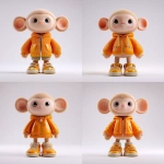 **3D cartoon orange monkey character, big round head, short stubby legs, asymmetrical ears (one larger), humanoid clothing proportions, shiny textures, stylized but realistic materials, toy-like appearance, standing in neutral pose, white background style cute --v 7.0** - Variations (Strong) by <@1233005194753609839> (fast)