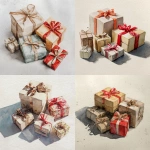**a watercolor style image of five to six gifts scattered accross a wide surface with space inbetween them. the watercolor should be light and airy. naturally lit. The gift wrapping paper should be neutral colors of beige or red.** - <@1162445754221215925> (fast)