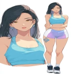 **<https://s.mj.run/8prJcOce5rI> <https://s.mj.run/fzRIC-MyvFA> concept art of young anime female with long straight black raven hair, amber anime eyes, detailed soft expression, cerulean sports top outlining her toned figure, athletic build, belly is covered by athletic shirt, exercise formfitting sofee shorts that are light blue and purple with white outlines, exotic jeweled emblem, small fishbone tattoo on her upper left arm, cute athletic shoes with a dark color and corporate logo, attractive influencer, athletic build, thick thighs save lives, two tone shading, two tone coloring, multiple poses, prominent hips and backside, slender waist, various poses, shy yet some confidence, professional lineart --ar 20:33** - Image #2 <@299714843269791752>