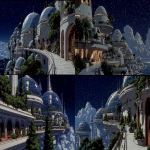 **Top level of a futuristic vertical city featuring lush sky gardens, glass biodomes, surrounded by clouds and filtered sunlight. Night with fog. Contrast light casting shadows on one side of the houses and domes, Hyperrealistic and ultra-detailed texture. --ar 16:9 --sref <https://s.mj.run/FCt1ifw6VkE> --s 250** - <@743405100755845202> (fast)