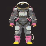 **A flat, straight-on elevation illustration of a retro-futuristic astronaut suit designed in the style of Syd Mead and vintage 1980s sci-fi comic books. The suit is centered on a dark charcoal black background, with no lighting or perspective depth drawn in a clean, printed schematic style. The design features a chrome silver body with mechanical paneling, a glossy bubble helmet, and oversized boots in bold bubblegum pink. Lemon yellow accents appear sparingly in vents or decals. The entire illustration is rendered in solid colors with bold black outlines no gradients, no shading, no soft transitions. Feels like a vintage collectible sticker or a gear spec card printed for a futuristic racing pilot. Inspired by space racing aesthetics, 80s tech manuals, and early Syd Mead vehicle concepts. --v 6.0 --ar 9:16 --raw** - Image #4 <@1053079618342633592>