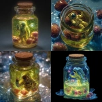**A small cork-sealed glass jar filled with glowing pistachio-green liquid. Inside, a female astronaut in a detailed spacesuit presses her hand against the glass, creating ripples in the liquid, while a galaxy-shaped bubble escapes her helmet. This jar is nested inside a second, larger jar containing amber translucent liquid (ivory tone), with floating garnet-red plums surrounding it. The second jar is itself submerged in a third, open-topped vessel filled with shimmering blue liquid (like bioluminescent seawater). Hyper-realistic surrealist style, dramatic lighting, wet textures, and crystalline reflections. Inspiration: Remedios Varo meets vintage 1950s scientific illustrations. The scene evokes cosmic isolation and liquid memory.** - <@755517668227809280> (fast)
