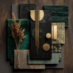 **materials board for modern art deco interior design with forest green velvet, black wood, gold metal, tile, silk, wall paint, dried plant** - Image #1 <@961789810715009054>