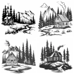 **Black and white vector graphic of an old wooden house in the mountains surrounded by pine trees, with smoke coming out of its chimney. The house is depicted as if it were an emblem or logo, with the bottom part featuring a small stream flowing through a meadow. The style is simple line art, with bold lines and no shadows. This is a vector illustration with high contrast and a hand-drawn appearance, on a white background. It would make a professional t-shirt design. --ar 64:45 --v 6.0 --s 250** - <@756269320539209761> (fast)