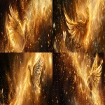 **Divine golden light rays descending from heaven onto floating elemental symbols (fire flame, water droplet, air swirl, earth crystal), angelic wings in background, warm amber and gold color palette, hyper-realistic spiritual energy, cinematic photography --ar 4:1 --v 6.0** - Variations (Strong) by <@900787127892180992> (relaxed)