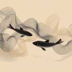 **illustration 2 dimensions graphic concept "**minimalist vector art of grey small fish swimming upstream, stylized flowing water made of thin contour lines, soft beige background, abstract composition, Japanese black ink and line art aesthetic, clean and modern design, sense of motion and harmony, high resolution, fine art poster style, grey color tone** - Image #4 <@1128954520425222255>