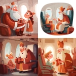 **Saint Nicholas gives a gift to a child in the airplane cabin, a cute commercial illustration in light orange white and bright red tones, adding an atmosphere of Christmas and magic --v 7.0** - <@1178911175929499672> (fast)