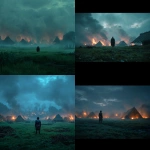 **A green field covered in fog, fire from medival huts in the background illuminate the sky, a Aknight stands center frame staring into the distance, medium shot, cinematic, the ground looks like there has just been a large battle** - <@647094775748493312> (fast)