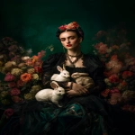 **a vogue photoshoot with frida kahlo in an enchanted garden surrounded by rabbits, wearing black , against a dark green background, with colorful flowers, in the style of hyper-realistic photography, and an editorial pose. --ar 46:61 --v 7.0** - Upscaled by <@267082272199409666> (fast)