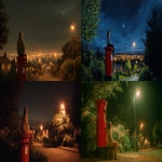 **Young woman sitting on top of a red English post box at night, her back is facing us and her head is tilted towards Epsilon Aurigae, a single huge star in the entire sky to the top right of the frame. Leafy suburbia in England at night. Streetlights give a warm glow as the woman ponders life and the universe. Oil. --ar 16:9 --raw** - <@744210433703018499> (relaxed)