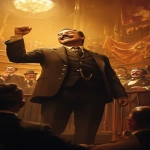**a charismatic man in early 1900s presidential-style suit standing on a stage or balcony, laughing heartily with a wide grin, one hand raised as if joking to a crowd, vintage reporters and officials in the background laughing along, warm golden light, historic banners waving, cinematic composition, humorous yet respectful tone, historical fiction illustration --ar 9:16 --v 6.1 --raw** - Image #2 <@1354559475473973422>