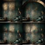 **Dark green and gold vintage wallpaper with a metallic sheen, intricate patterns, and a luxurious feel, set in a dark room. An elegant armchair and coffee table sit in front of the wall, with soft lighting casting gentle shadows on the textured surface. --v 7.0 --ar 63:74** - Pan Up by <@1313000520759377972> (fast)