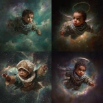 **make a detailed full body renaissance painting of a middle eastern baby baby(with no wings) flying in mid-distance in outerspace, with a ring nebula behind him. it's important to see the texture in the painting. the baby has brown skin, green eyes and has a keffiyeh around his neck. we can see the full body of the baby. shot with 24mm wide-angle lens** - <@1004567301909118977> (fast)
-# Create, explore, and organize on [midjourney.com](<https://midjourney.com/imagine?from_discord=1>)