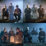 **Three iconic horror movie characters Jason Voorhees (wearing a hockey mask and dark jumpsuit, hands clasped in prayer), Michael Myers (wearing his white mask and gray jumpsuit, holding a large knife pointed downward), and Freddy Krueger (wearing his brown fedora, red and green striped sweater, and metal glove) kneeling around a gravestone in a foggy graveyard at night. The gravestone is centered** - <@1074031631544893443> (fast)
-# Create, explore, and organize on [midjourney.com](<https://midjourney.com/imagine?from_discord=1>)