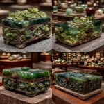 **ancient roman jewelry box with small delicate carved flowers, made from polished green dolomite crystal, on display in an art gallery --ar 16:21 --s 750 --v 7.0** - <@1064451214823129168> (fast)