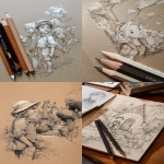 **children's book illustration, detailed sketch with black and white pencils, brown paper --no closed eyes, pencils, colors, signatures, watermarks --ar 35:53 --raw** - <@1202719359680774145> (fast)