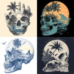 **skull with palm tree and shark fin with water and a sun all inside the shape of a skull** - <@1362893041484042521> (relaxed)