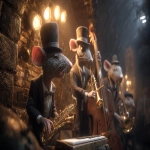 **Rats in suits and hats playing jazz instruments in a dimly lit sewer, reminiscent of Harlem Renaissance era, with a moody and epic atmosphere, in a cinematic style inspired by the works with intricate textures and high contrast lighting, at an extremely high resolution of 32k. --ar 16:9 --p on7n3qo** - Image #2 <@935178814189862912>