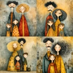 **whimsical photorealistic illustration of a fathers d mother with their girl and boy, father has black hair and a moustache, he’s wearing glasses, mother has curly blonde hair and she’s wearing glasses girl has dark brown hair and she’s wearing glasses, son has brown hair and is older and taller than the young girl --v 7.0 --p b3kgthr --s 750** - <@520759084903956481> (fast)