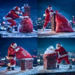 **Night rooftop scene, full-body Santa Claus standing firmly on a snowy roof beside a brick chimney. The chimney is slightly soot-stained and darkened from use, with subtle burn marks and uneven brick texture. Santa is struggling with a massive, heavy red velvet sack, gripping it with both white-gloved hands, actively shaking and forcing the sack toward the chimney opening, trying to dump the contents inside. The sack is overflowing with identical transparent acrylic trophies thick, solid, beveled, exactly matching the reference design. Several trophies are visibly stuck halfway inside the sack opening. A few identical trophies have already fallen out and lie scattered on the snow beside the chimney. One single trophy is clearly outside the sack, resting on the snow, partially covered with fresh snow crystals. Snow is disturbed around Santa’s boots: visible footprints, compressed snow, dragged fabric marks from the sack. Fine snow particles cling to the velvet fabric and trophy edges. Background: blurred night city skyline, distant bokeh lights, starry winter sky, gentle snowfall. Lighting: cinematic winter night lighting, cold blue ambient city glow + soft directional key light, realistic shadow falloff, imperfect reflections, slight lens bloom on highlights. Material realism: fingerprints on acrylic, micro scratches, light condensation, uneven snow accumulation. Photographed realism, not stylized, not CGI-clean. Shot on Nikon D850, 85mm, f/2.2, ISO 800, 1/200s, shallow depth of field, subtle film grain. --ar 4:5 --v 7.0 --raw --oref <https://s.mj.run/SB-W-zigDmg>** - <@1239955832326586419> (relaxed)