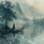 **Minimalist ancient Chinese landscape painting in the style of Ni Zan, poetic and melancholic atmosphere. Sparse trees by a misty riverbank, distant soft mountains fading into haze. A single wet flower petal falls, symbolizing the fading of spring. Tiny solitary figure crouching near the water, quietly observing a kingfisher’s nest and the wings of a dragonfly. Their robe is soaked through by gentle rain. Vast empty space, elegant brushwork, muted ink wash tones of grey and pale green, delicate rainfall, subtle texture of wet paper, tranquil yet cold mood, feeling of solitude and detachment, Ni Zan style composition with large blank areas and sparse scenery --ar 3:2 --v 6.0 --s 800 --chaos 10 --raw** - Image #4 <@915233207484563488>