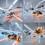 **A futuristic, high-detail scene of multiple unique robot drones racing and flying through a white, high-tech indoor drone racing arena. The drones have distinct designs, one is black and white, another is solid black, and the third is metallic silver. All are glowing with vibrant orange and blue light lines, creating a dramatic glow-in-the-dark effect. The background is a clean, minimalist white room with futuristic lighting and a dynamic sense of motion. cinematic lighting, 8k** - <@1237654084786327583> (fast)