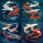 **The image presents a serene and harmonious scene, with the white koi fish and black koi fish swimming together in perfect synchrony. The use of contrasting colors and the dynamic movement of the fish create a visually appealing composition. The dark blue background adds depth and mystery to the image. --ar 11:27** - <@409716268476923920> (fast)