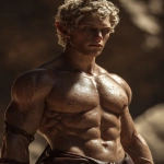 **Realistic 3d rendering. Full body portrait of ruggedly handsome, Hyper muscular handsome elf, bright silver eyes, short curly blonde hair, short pointed ears, defined muscles, pronounced features, hyper muscular, wide Grecian nose, strong square jaw, defined cheek bones, masculine features, freckles. Bodybuilder. wearing a tight short leather skirt. His oiled skin glistens under intense studio lighting. A strong camera flash highlights the shine on his muscles, creating bright reflections on his body, arms, and thighs. Retro fitness photography style, slightly exaggerated lighting contrast, 90s magazine aesthetic, center-framed, studio portrait shot. Standing and posing in a sunny rocky field. --ar 5:6 --v 7.0** - Image #4 <@1222981214734913607>