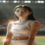 **<https://s.mj.run/BL_53ZbS-bc> a cinematic ultra-realistic full-body portrait of a Korean female ceremonial baseball pitcher standing on the mound before the first pitch in a bright stadium, referencing the face, body style, and pose from the provided image, wearing a tight stretch-fit sleeveless cropped sports top and short white spandex shorts, both in matching ivory or pure white tones, made of thin high-performance fabric, no logos or text, toned athletic physique, confident expression, sunlight illuminating her figure, blurred cheering crowd in the background, cinematic lighting, natural skin texture, 9:16 vertical frame --v 6.0 --ar 9:16 --no watermark --raw** - Image #4 <@1404035603569311864>