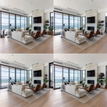 **ultra-realistic photograph of a coastal modern open floor plan living room in Manhattan Beach, California, warm oak wide plank hardwood floors, large black-framed windows with panoramic ocean and beach view, Restoration Hardware modern-inspired neutral palette, plush L-shaped sectional rotated so one side faces the ocean and the other faces a sleek TV above a limestone fireplace, layered grass cloth and Persian area rug, stone coffee table, leather lounge chair, wood rectangle couch table with lamp and fresh flowers and books on top, textured throw pillows, soft ambient natural daylight, sculptural chandelier, layered organic textures, styled for a luxury interior design Instagram post, straight-on wide-angle lens, full view of space including ocean view and TV wall, center fireplace, remove table next to chair, photorealistic details, depth, natural shadows --v 6.0 --raw --ar 13:10** - Zoom Out by <@1339375378858381312> (fast)
-# Create, explore, and organize on [midjourney.com](<https://midjourney.com/imagine?from_discord=1>)